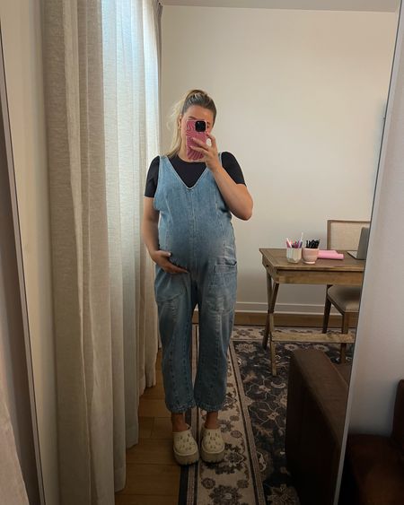 Overalls tts wearing a medium (I am 5’ 5” and 37 weeks pregnant) and they fit perfect the denim is soft! Gucci clogs run true to size also they’re very comfy + linked similar. Lululemon tshirt is super cropped I’m in a 10 

#LTKbump #LTKshoecrush
