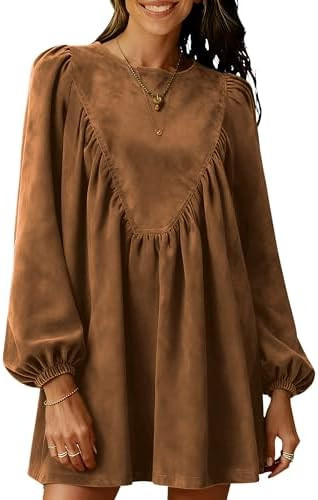 Huaqiao Womens A-Line Faux Suede Peplum Pleated Babydoll Mini Dress Casual Long Sleeves Crew Neck... | Amazon (US)
