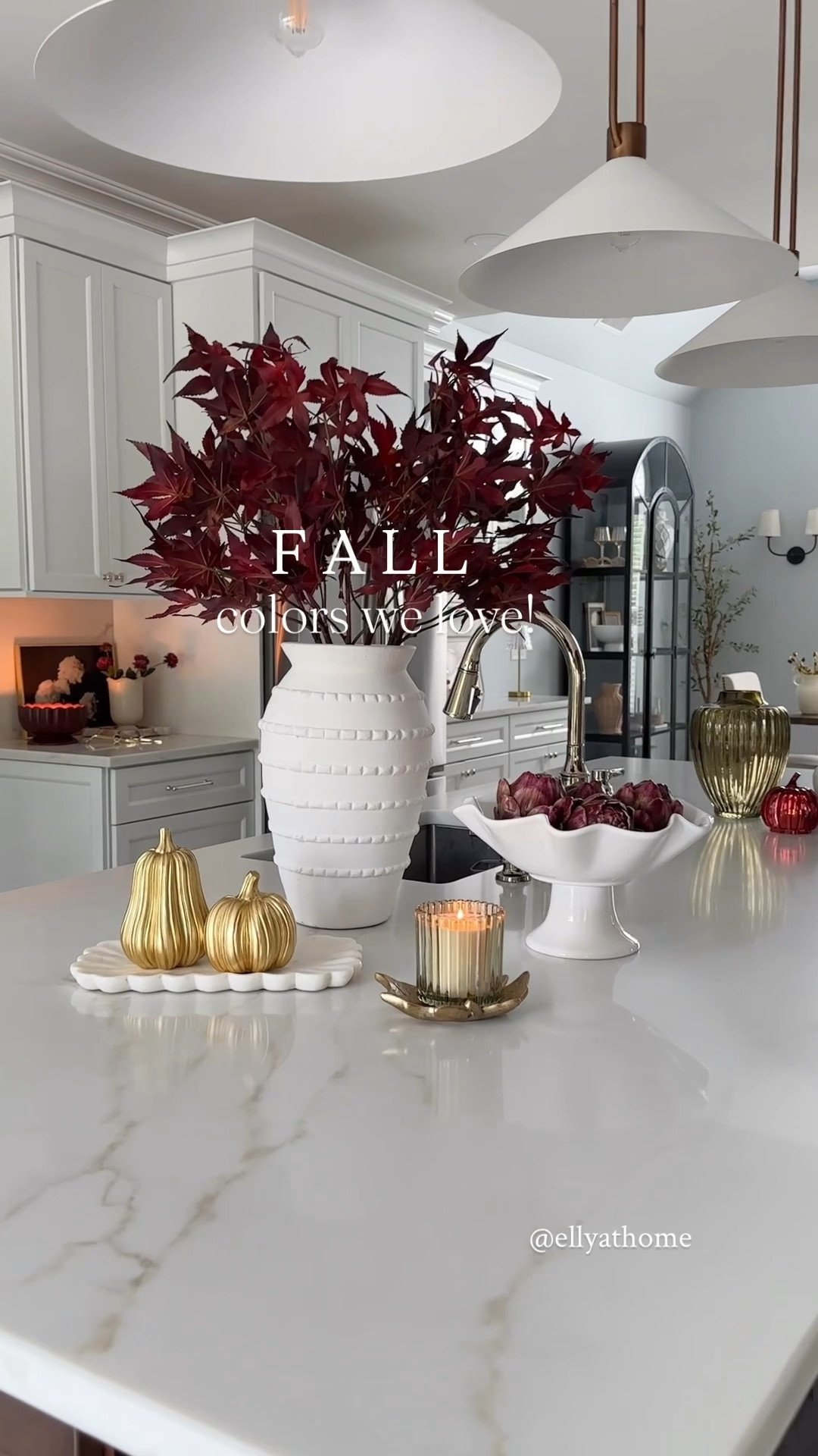 Beautiful fall colors with these stunning florals, I used 6, fall artichokes, ruffle bowl, marble scalloped tray, tall vases, gold pumpkins, green candles, green vase. Fall candle, Bud vase, pendant lights, display cabinet, sconce.  Fall home decor accessories. Crate & Barrel, Amazon home, Anthropologie, Target. 

#LTKHome #LTKSaleAlert #LTKFindsUnder50