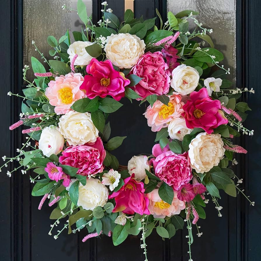 24 Inch Spring Wreaths for Front Door Outside,Artificial Silk Peony Rose Magnolia Spring Summer W... | Amazon (US)