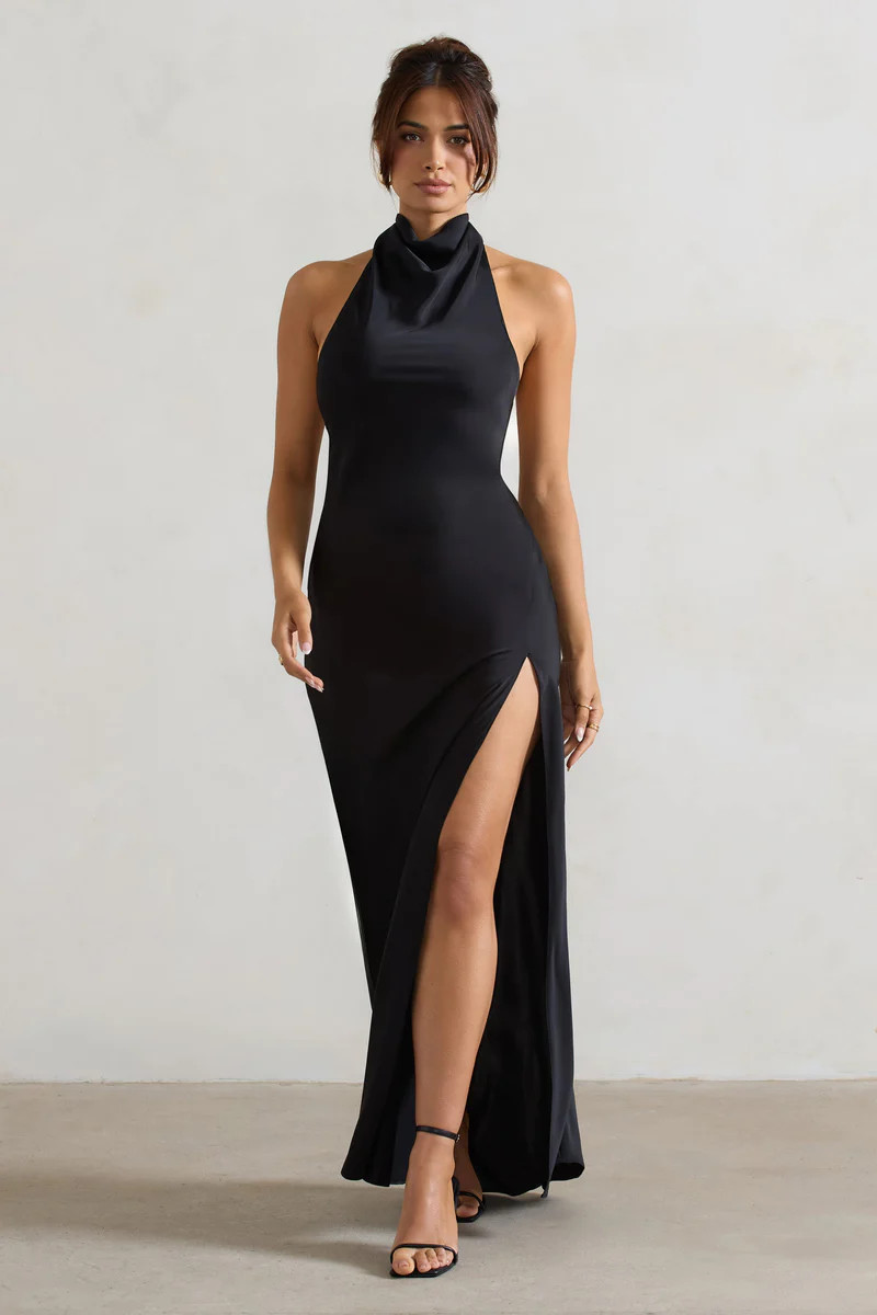 Priero  Black Cowl Halter-Neck Open Back Maxi Dress | Club L London