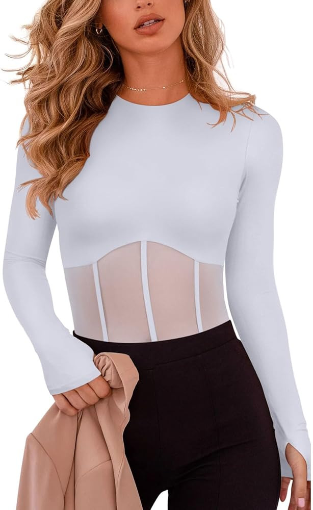 REORIA Women's Trendy Sexy Crew Neck Thumbholes Long Sleeve Sheer Mesh Going Out Bodysuit Tops | Amazon (US)