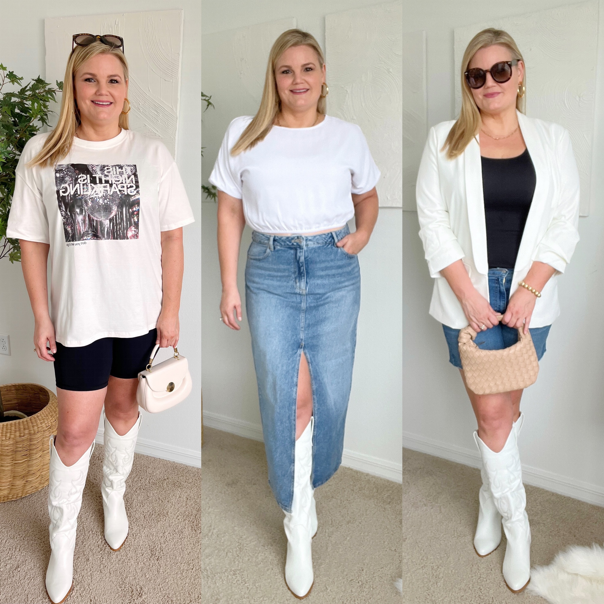 White cowboy boots styled three ways! 1. Oversized tee and biker shorts, 2. White cropped tee and maxi denim skirt, 3. White blazer and black tank top and denim shorts. All items fit true to size  

#LTKstyletip #LTKcurves #LTKunder50
