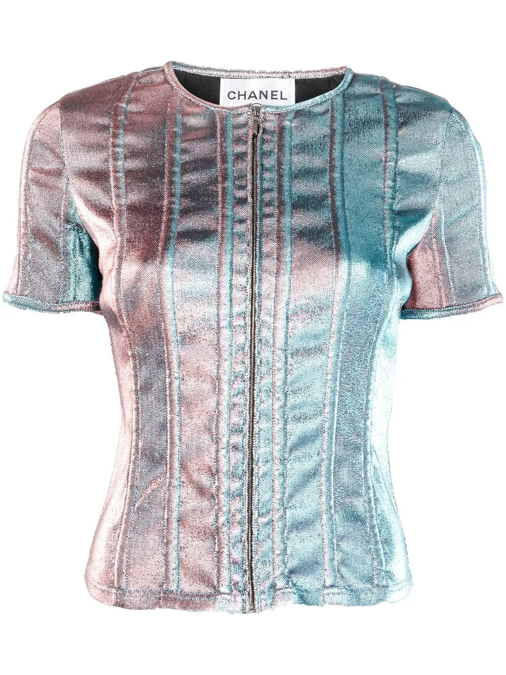 CHANEL Pre-Owned 2010s lamé short-sleeved top - Blue | Farfetch Global