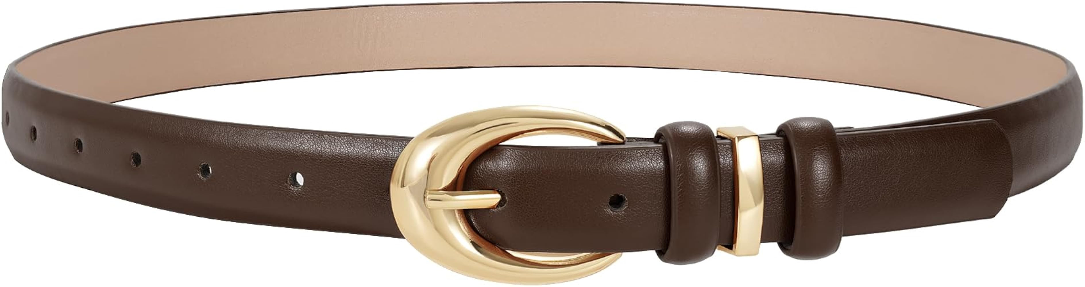 Women Leather Belt for Jeans Pants Fashion Ladies Skinny Faux Leather Dress belt with Gold Buckle | Amazon (US)