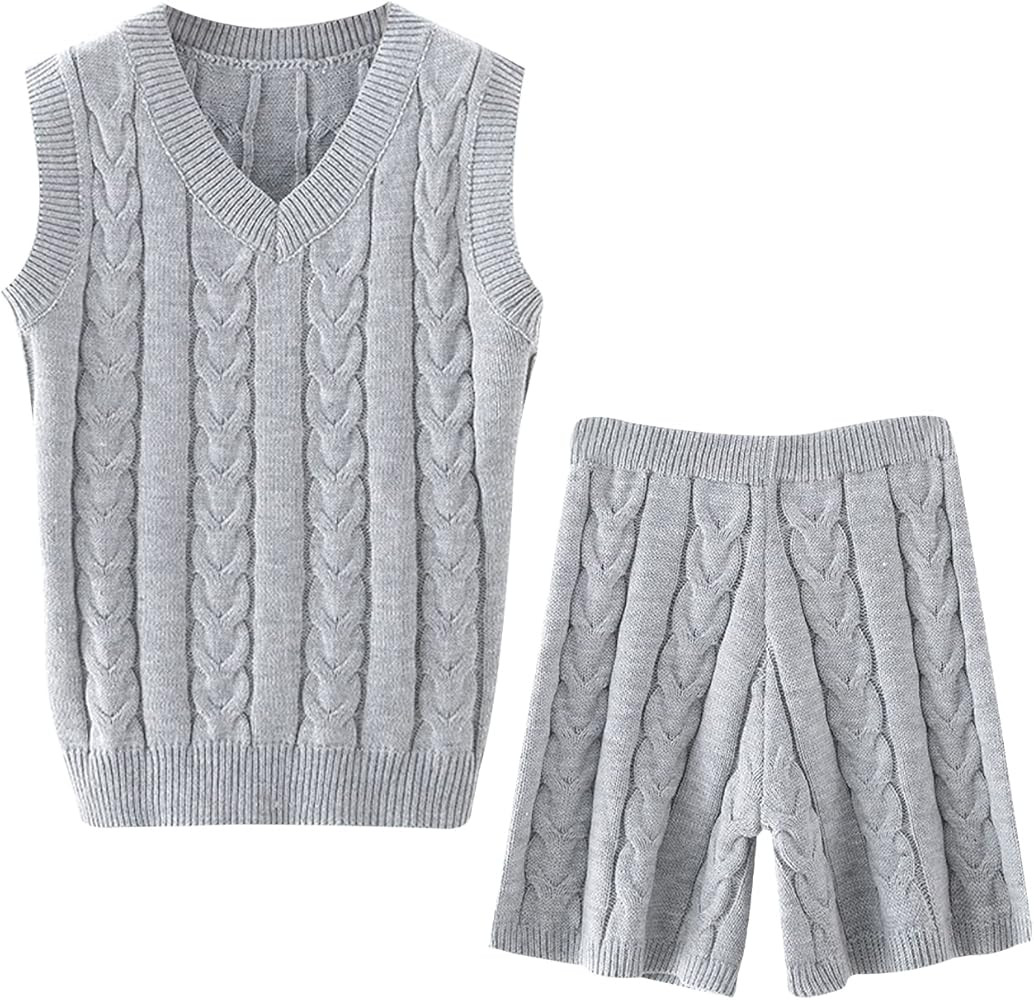 Gihuo Women' s Sweater Vest Shorts Set Cable Knit V Neck Top Elastic Waist Wide Leg Sweater Short... | Amazon (US)