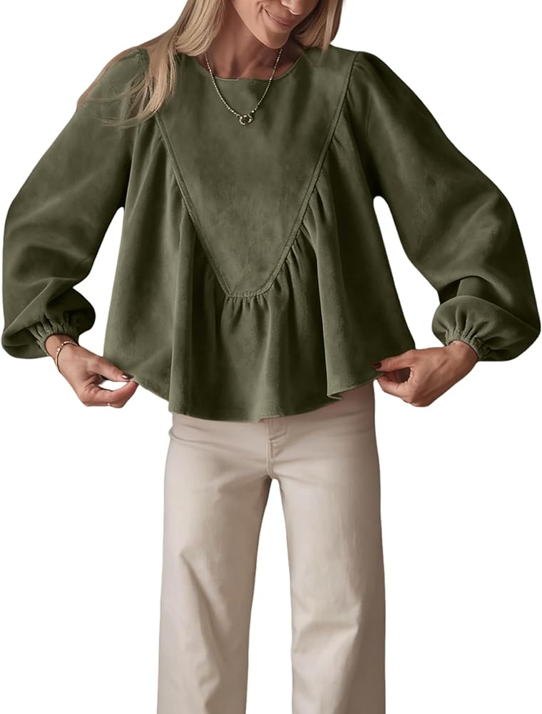 Women's Peplum Babydoll Top Casual Faux Suede Blouse Loose Lantern Sleeve Back Button Shirts | Amazon (US)