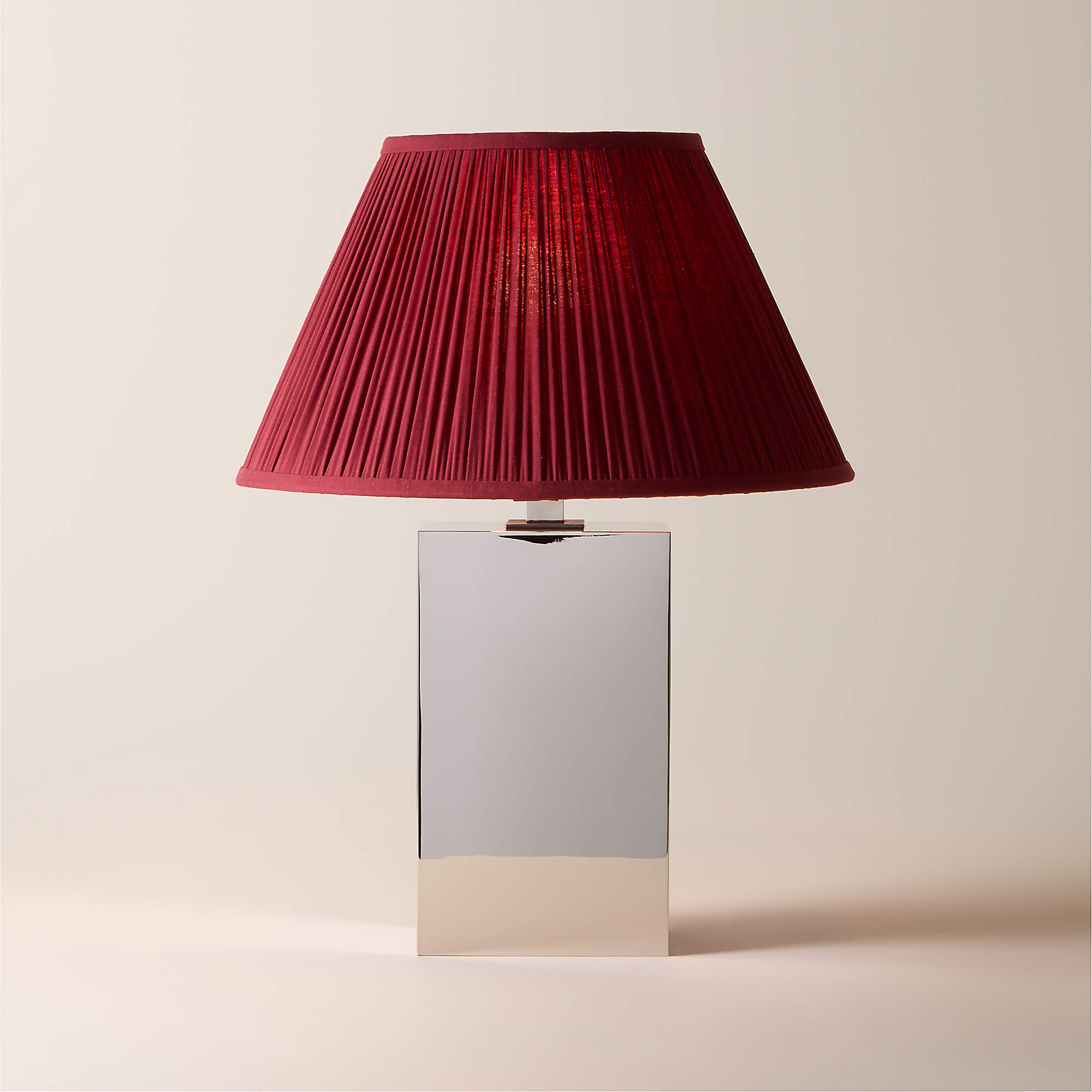 Carmichael Large Polished Nickel Table Lamp with Pleated Burgundy Shade + Reviews | CB2 | CB2