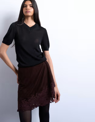 Velvet asymmetric mini skirt with lace trim in chocolate | Topshop