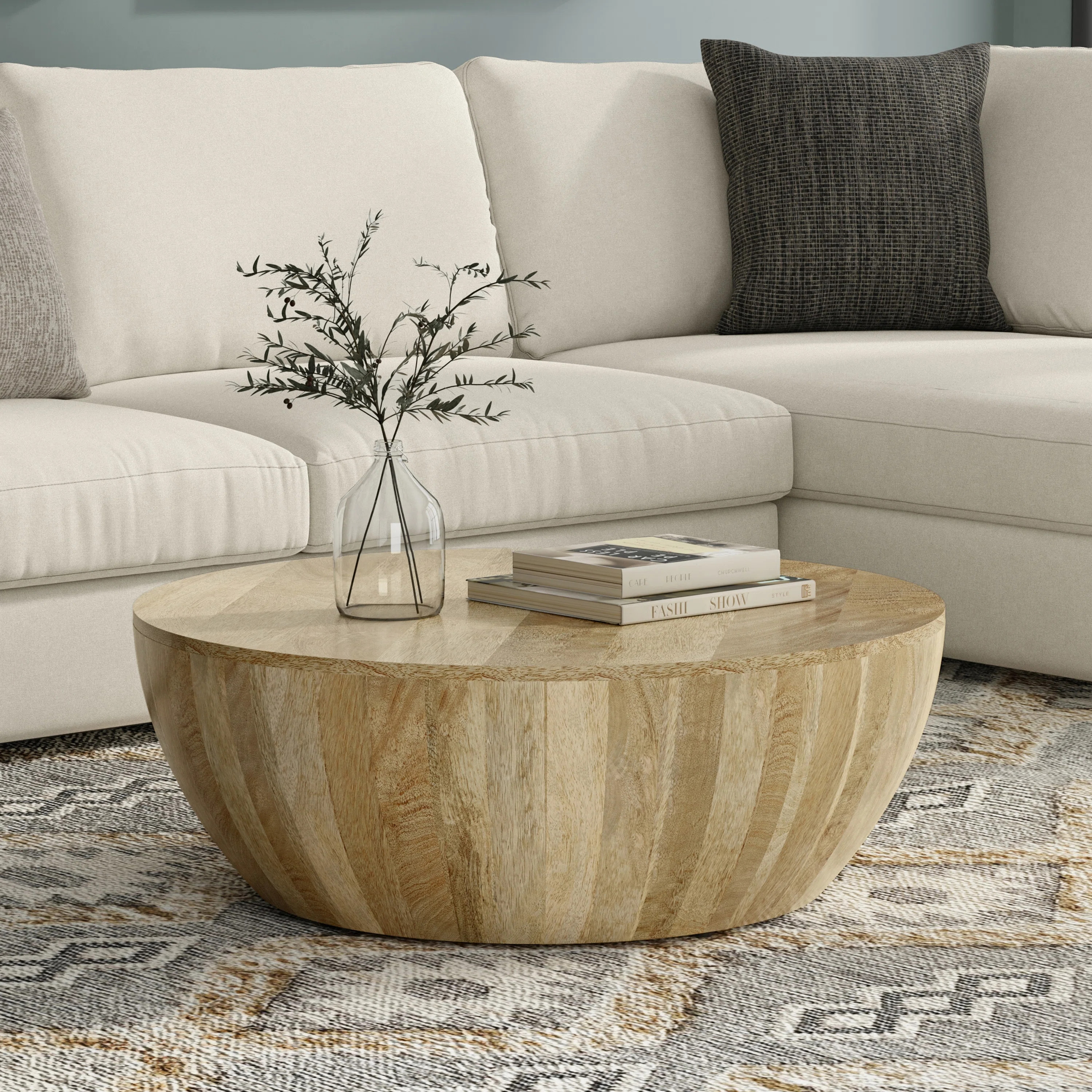Elmbrook 34"W Solid Mango Wood Modern Industrial Round Drum Coffee Table, Fully Assembled | Wayfair North America