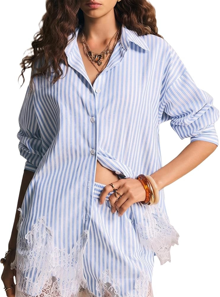 Striped Shirts Blouse for Women Patchwork Lace Shirt Summer Beach | Amazon (US)