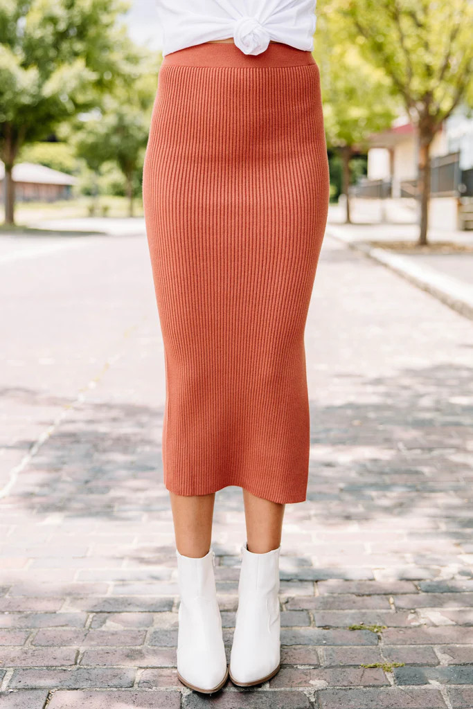 Get It Going Marsala Orange Ribbed Midi Skirt | The Mint Julep Boutique