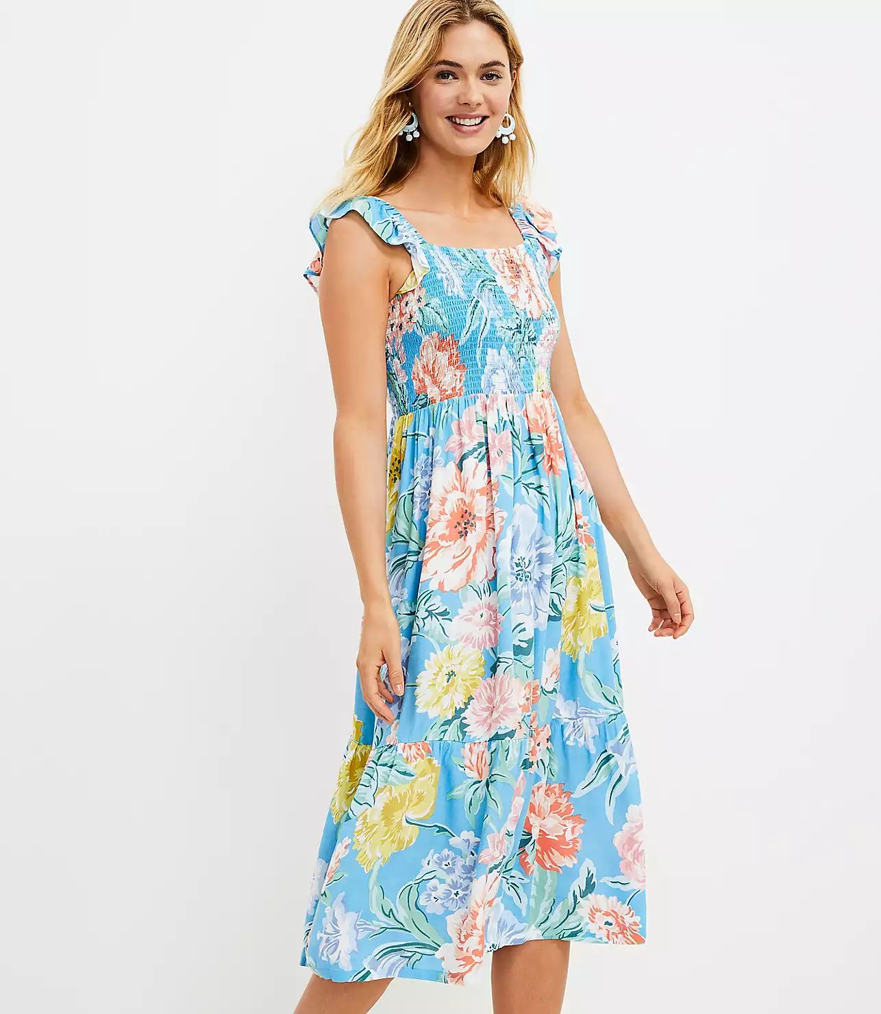 Garden Smocked Ruffle Midi Dress | LOFT