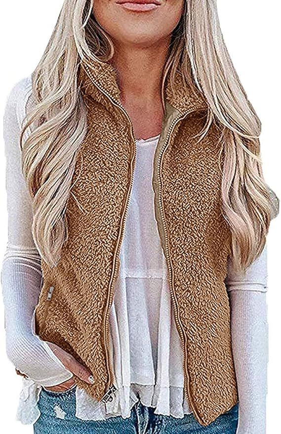 MEROKEETY Women's 2024 Winter Casual Sherpa Fleece Lightweight Fall Warm Zipper Vest with Pockets | Amazon (US)