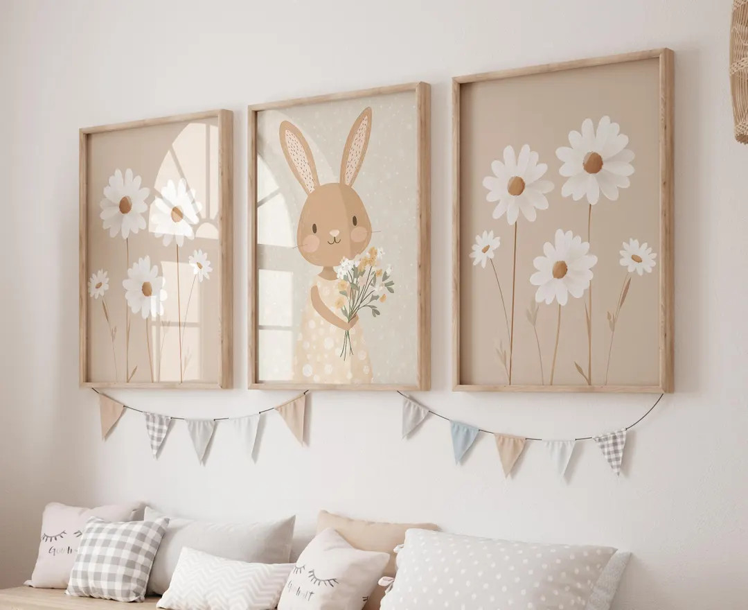 Boho Floral Bunny Nursery art beige nursery bunny Watercolor art floral nursery Printed and shipp... | Etsy (US)