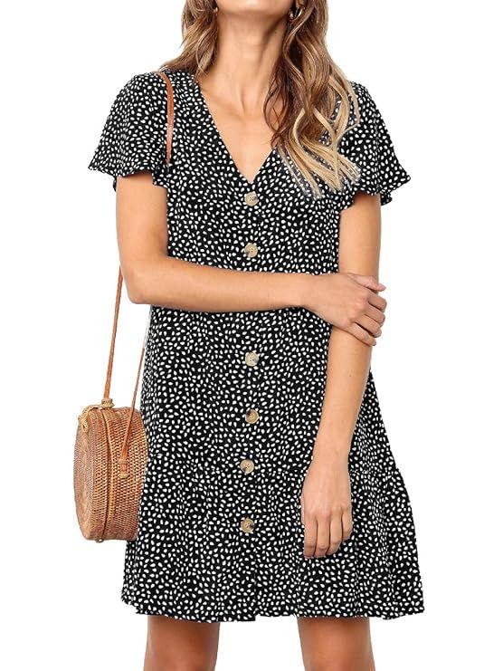 Voopptaw Womens Summer Casual Short Sleeve V Neck Button Swing Mini Dress Cover Up | Amazon (US)