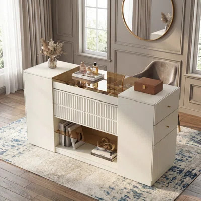 Modern Island Vanity Dresser with Glass Tabletop, Display Cabinet and 6 Drawers, Multi-Functional Storage Cabinet for Walk-in Wardrobe and Bedroom | Wayfair North America