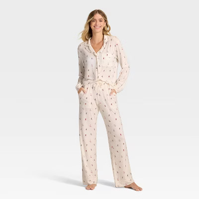 Women's Cloud Knit Modal Long Sleeve Notch Collar Top and Pants Pajama Set - Auden™ Cream Skiers XS | Target