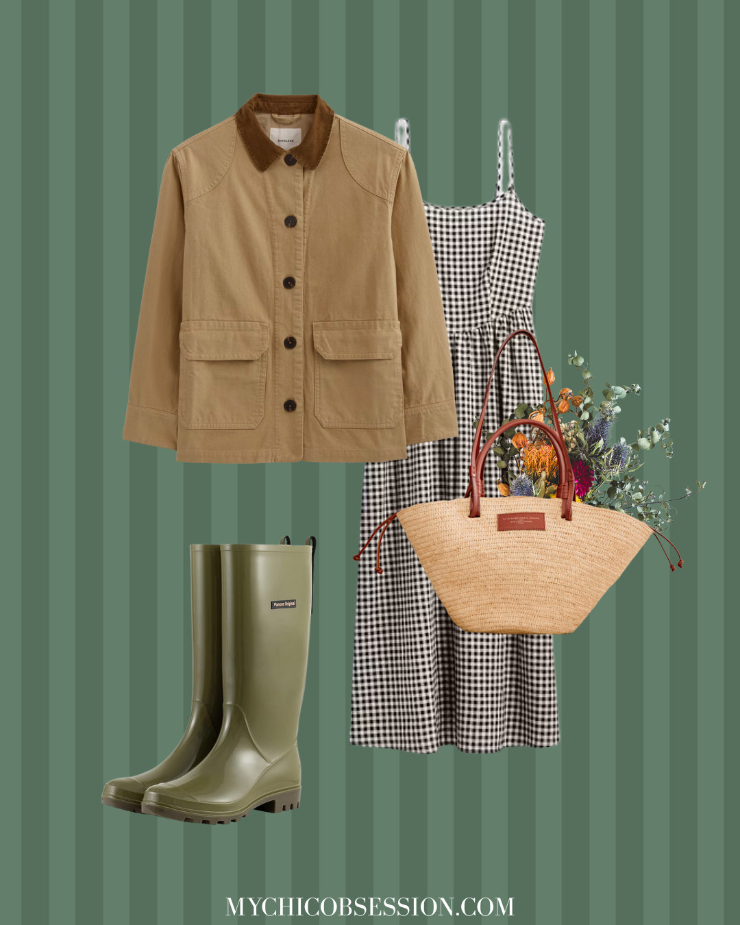 Heading to the local farmer's market this weekend? Here's some outfit inspiration! Pair a denim dress with an Everlane barn jacket. Accessorize with tall rain boots, and the Sezane Justine tote bag. 

 #LTKSeasonal #LTKStyleTip #LTKShoeCrush