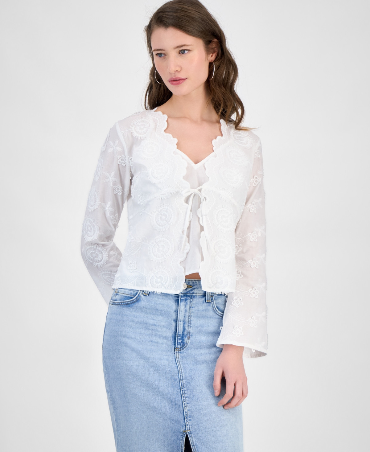 Guess Women's Long-Sleeve Embroidered Tie-Front Top - Pure White | Macy's