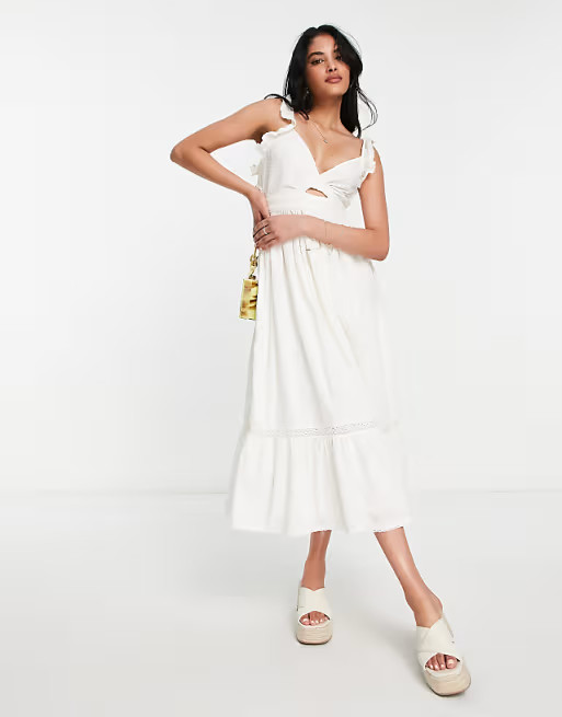 Topshop frill dobby broderie cut out midi sun dress in ivory | ASOS (Global)