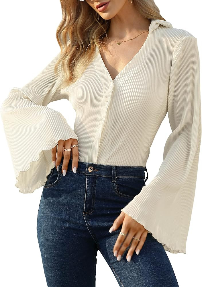 KOJOOIN Women V Neck Blouse Long Bell Sleeve Shirts Collared Button Down Y2k Crop Tops Casual Tunic  | Amazon (US)