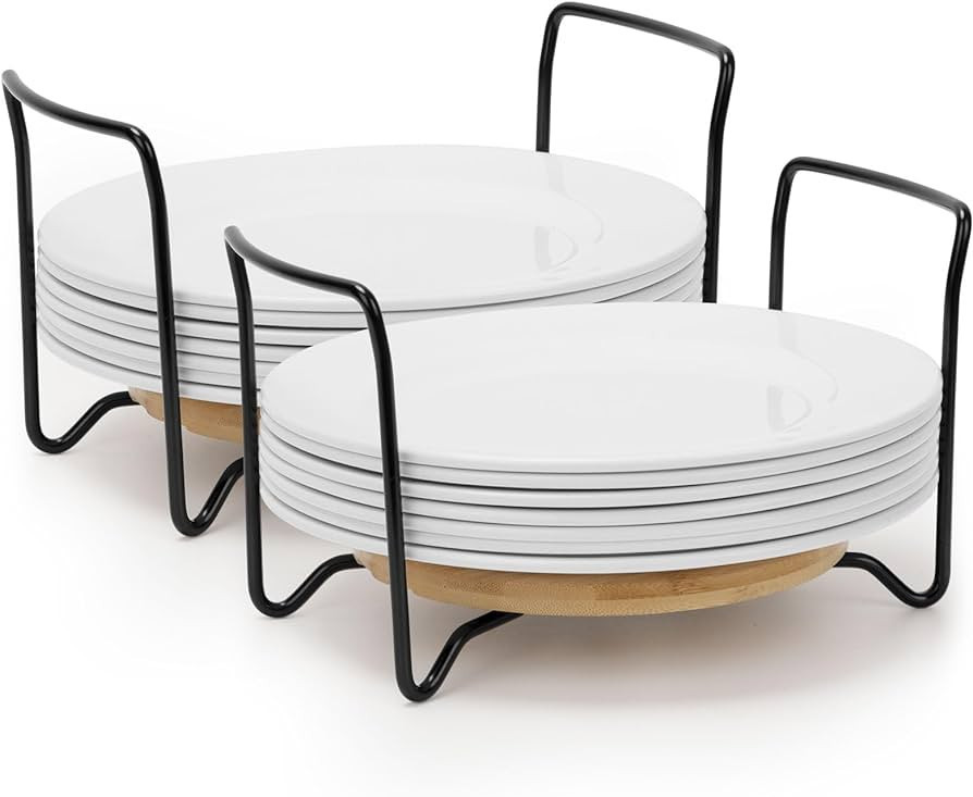 E-ROOM TREND Dish Holder 2 Pack Large for 9" to 13" Plates Organizer Round Bamboo Thicken Base wi... | Amazon (US)