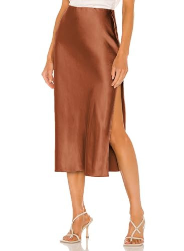 Womens High Waisted Satin Midi Skirts Elegant Flared A Line Elastic Waistband Silk Slit Skirt for Women Brown Small | Amazon (US)
