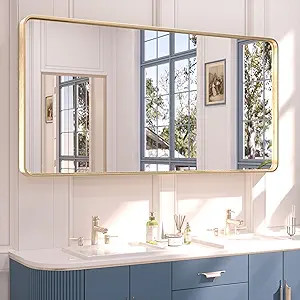 TETOTE 48 x 24 Inch Brushed Gold Frame Mirror, Brass Bathroom Vanity Mirror for Wall, Modern Rect... | Amazon (US)