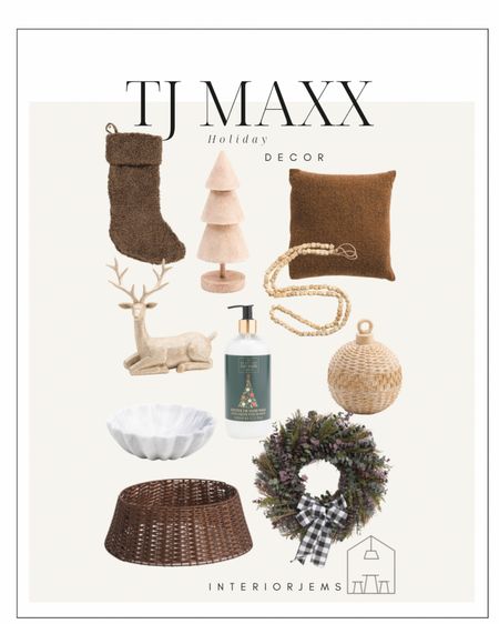 Tj maxx and Marshall’s Christmas decor, holiday decor, stockings, brown pillow, wreath with bow, scalloped marble bowl, tree skirt, reindeer, ornament. 

#LTKhome #LTKHoliday #LTKsalealert