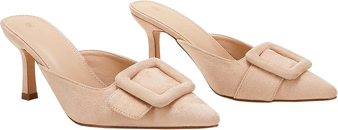 VETASTE Women's Heeled Mules Pointed Toe Suede Buckle Slip On Sandals Kitten Heels Party Wedding ... | Amazon (US)