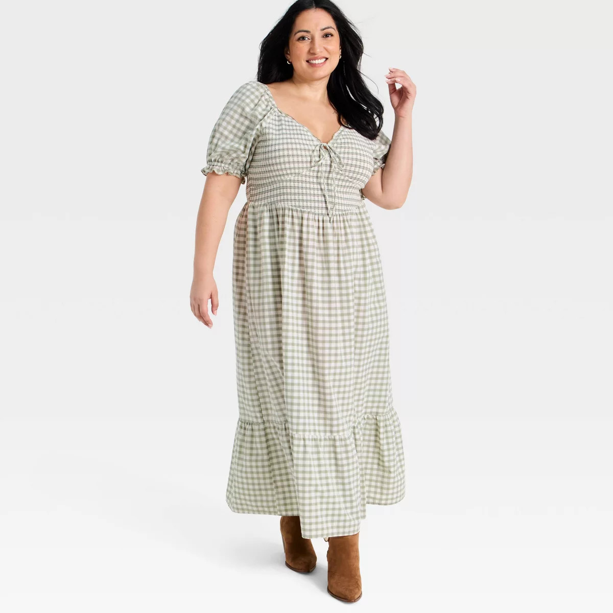Women's Western Puff Short Sleeve Smocked Midi A-Line Dress - Universal Thread™ Green Gingham X... | Target