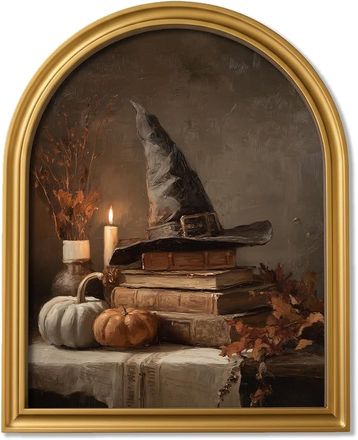 TwoDays Vintage Halloween Gold Arched Framed Wall Art, 11" x 13.8" | Witch Hat & Books Canvas Pic... | Amazon (US)