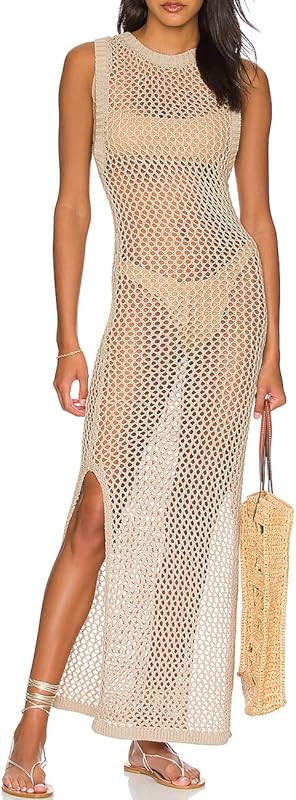 Bsubseach Crochet Swim Coverup Sleeveless Knitted Cover Up Dress | Amazon (US)