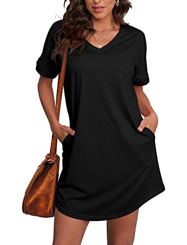 SAMPEEL Dresses for Curvy Women Casual Summer Short Sleeve Tshirt Shift Dress Pockets Black S | Amazon (US)