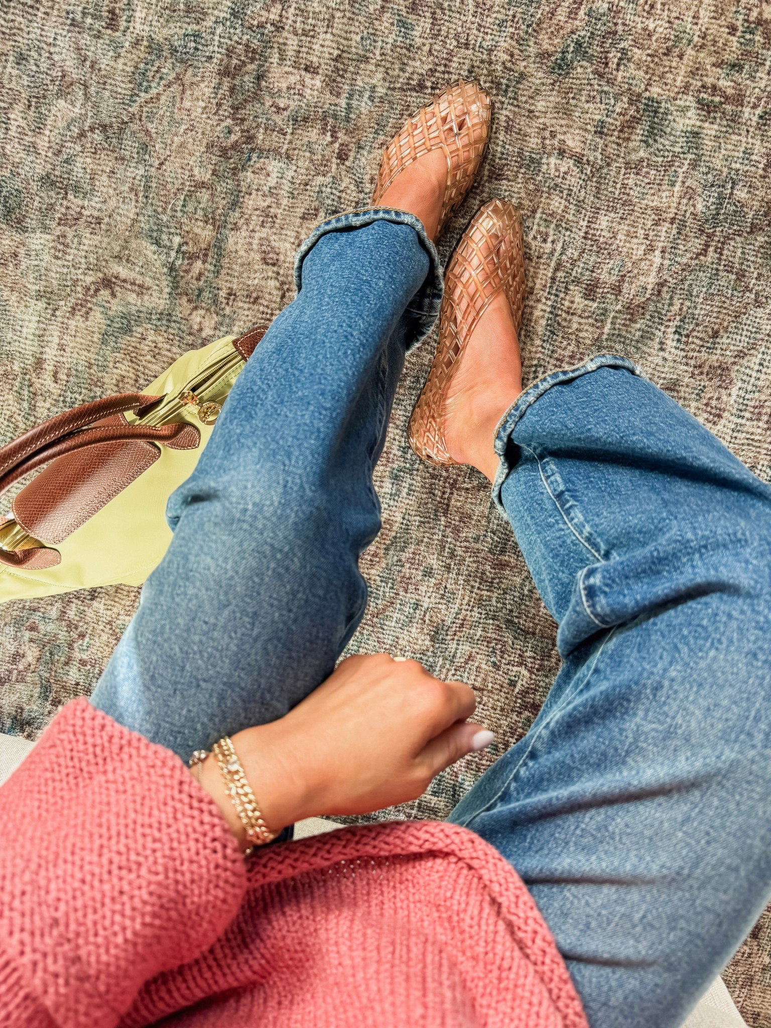 Spring style inspiration. Spring jelly sandals. Longchamp tote bag. 
Jelly TTS. Sweater XS. Jeans down 1 size, 24. 

#LTKSeasonal #LTKOver40 #LTKootd