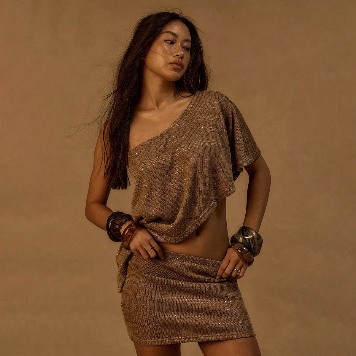 MUSERA Knit Sequin Asymmetric Kimono One Shoulder Top Cover Up Ibiza, Holiday, Spring, Summer, Vacation, Beach Isle Asymmetrical Shoulder Tops Festival | SHEIN