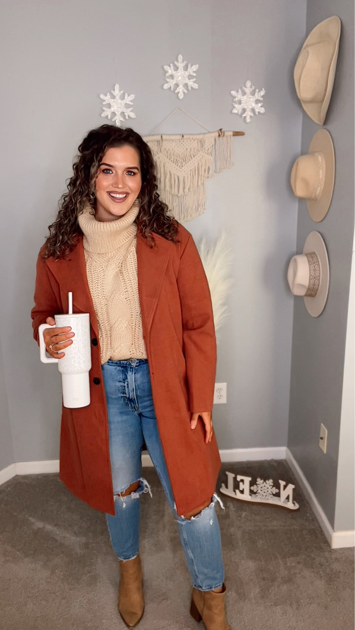 Curvy winter outfit inspo ❄️🎄✨ 
Cable knit sweater, trench coat, curvy denim + booties 
Sweater: L 
Coat: L
Jeans: 32R 
#midsizeoutfits #winterfashion #winterstyle #wintercoat #trenchcoat #peacoat #sweater #cableknit #turtleneck #boots #booties #curvystyle #jeans #denim #curvydenim #curvelove #distressedjeans #stanleydupe #tumbler 

#LTKSeasonal #LTKunder100 #LTKcurves