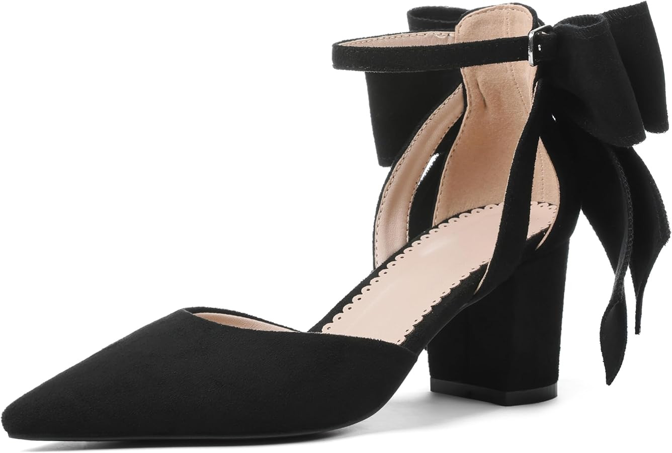 Yremael Women's Black Pointed Toe Pumps Bow Ankle Strap Chunky High Heels Dress Wedding Shoes | Amazon (US)