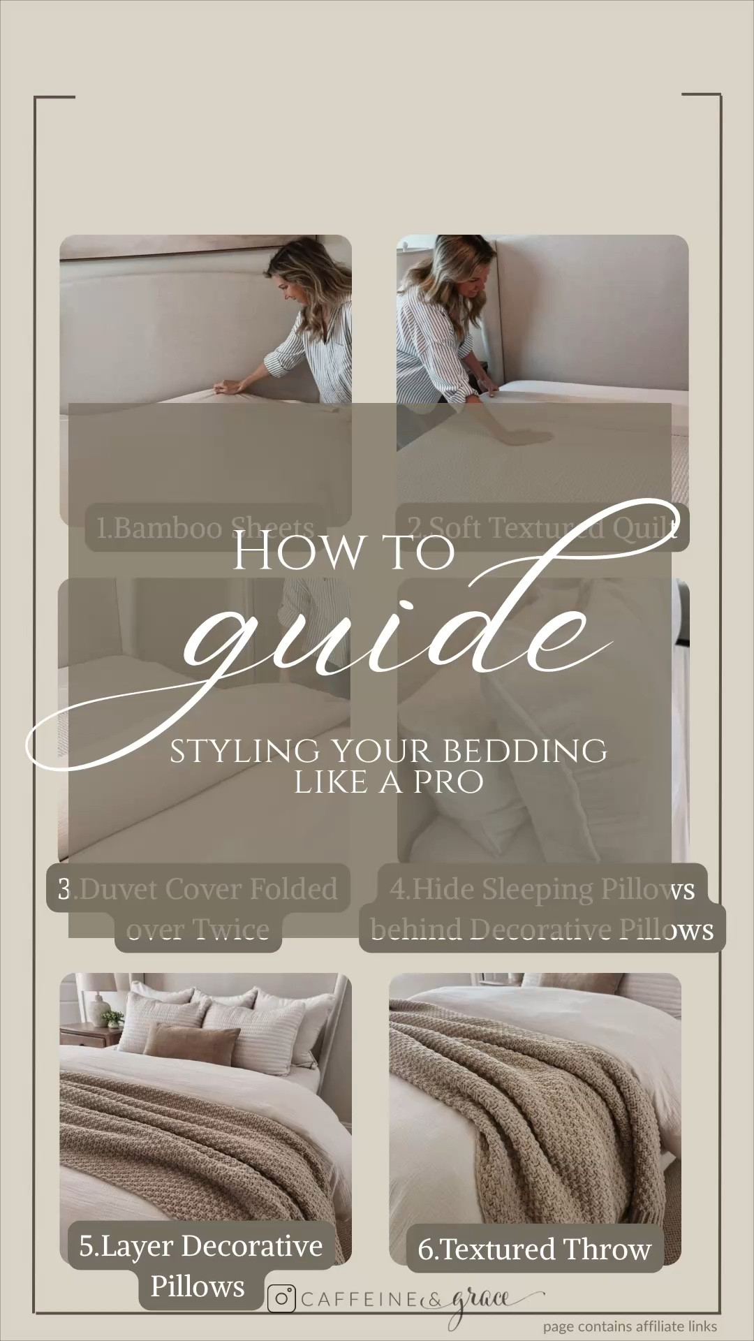 Learn how to style your bed like a pro with this easy step-by-step guide using affordable Amazon bedding. Start with crisp neutral sheets, add a fluffy duvet or comforter, then layer in euro pillows, standard pillows, and accent pillows for that full, designer look. Finish with a cozy throw blanket for added texture and warmth. Sticking to soft neutral tones and mixing materials like linen, cotton, and knits will instantly make your bed look more high-end and inviting. Perfect for creating a modern organic, cozy bedroom without overspending. Save this pin for easy bed styling tips and Amazon home finds. #amazon #amazonhome #bedstyling

#LTKHome
