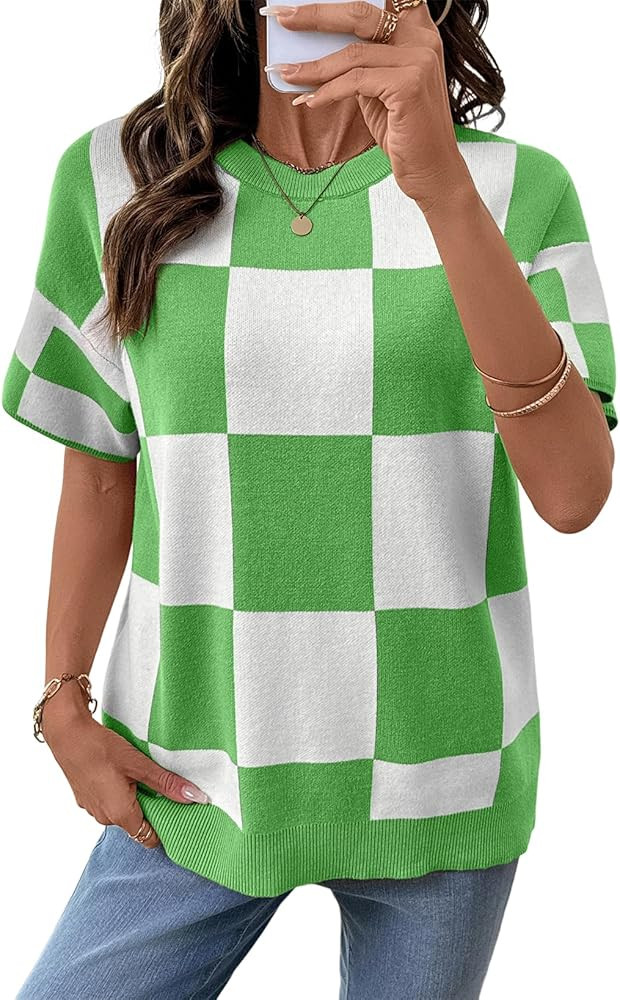 SHEWIN Womens Tops Crewneck Plaid Short Sleeve Sweater Vest Spring Outfits for Women 2026 | Amazon (US)