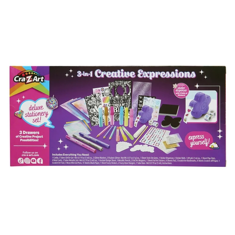 Cra-Z-Art 3-in-1 Creative Expressions Deluxe Stationery Set with Gel Pens, Glitter, Stickers, and... | Walmart (US)