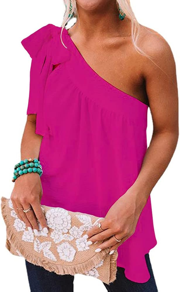 Guteidee Women's One Shoulder Tops Casual Tie Bow Knot Sleeveless Blouse Tunic Shirts | Amazon (US)