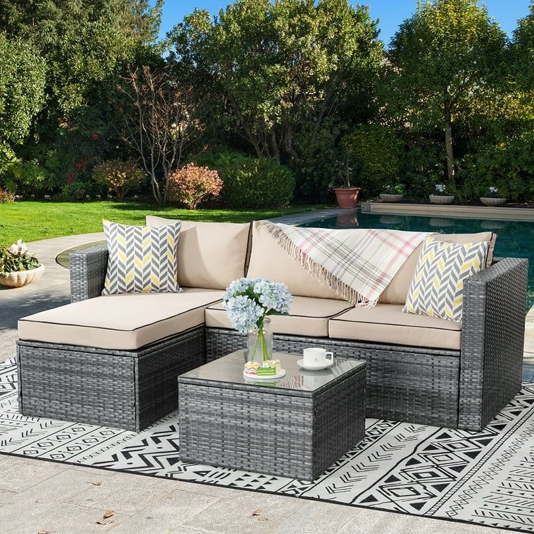 Walsunny 3 Piece Khaki Outdoor Furniture Sectional Sofa Patio Set with Silver Gray Rattan Wicker | Walmart (US)