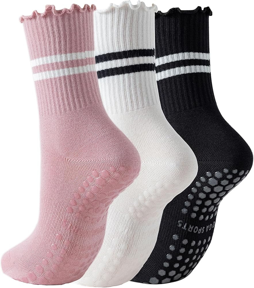 Yawlsow 4 Pairs Pilates Grip Socks for Women Cute Ruffle Frilly Yoga Socks Non Slip Cotton Crew S... | Amazon (US)