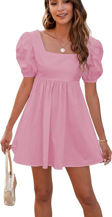 Rozegaga Womens Sexy Puffed Sleeve Backless Lace Up Babydoll Mini Dresses | Amazon (US)