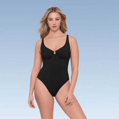S3 Apparel Women's Smoothing & Sculpting Wide Rib Scoop Neck Underwire One-Piece Swimsuit - Onyx Black - M | Target