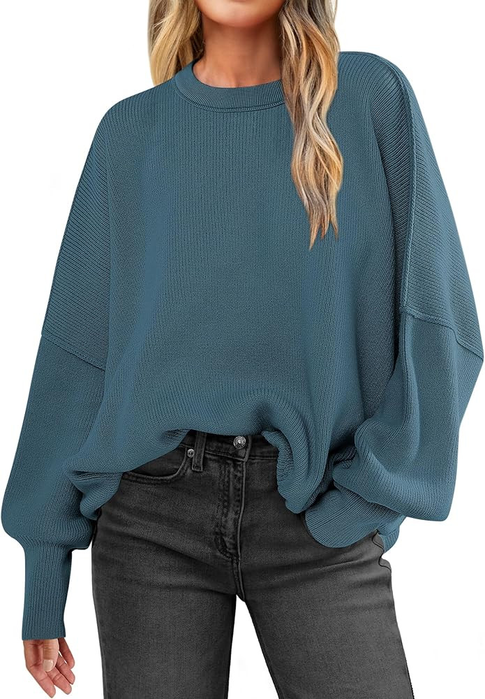 ANRABESS Women Crewneck Batwing Long Sleeve 2024 Fall Oversized Side Slit Ribbed Knit Pullover Sw... | Amazon (US)