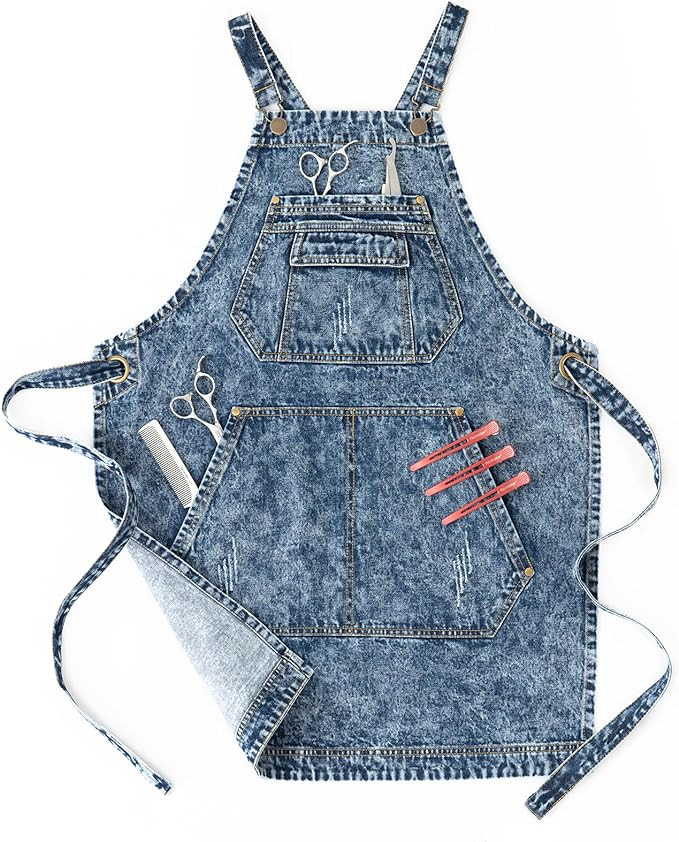 Jeanerlor - Cotton Denim Apron with Pockets for Men - Jean Apron for Hairstylis Cross Straps & Ad... | Amazon (US)