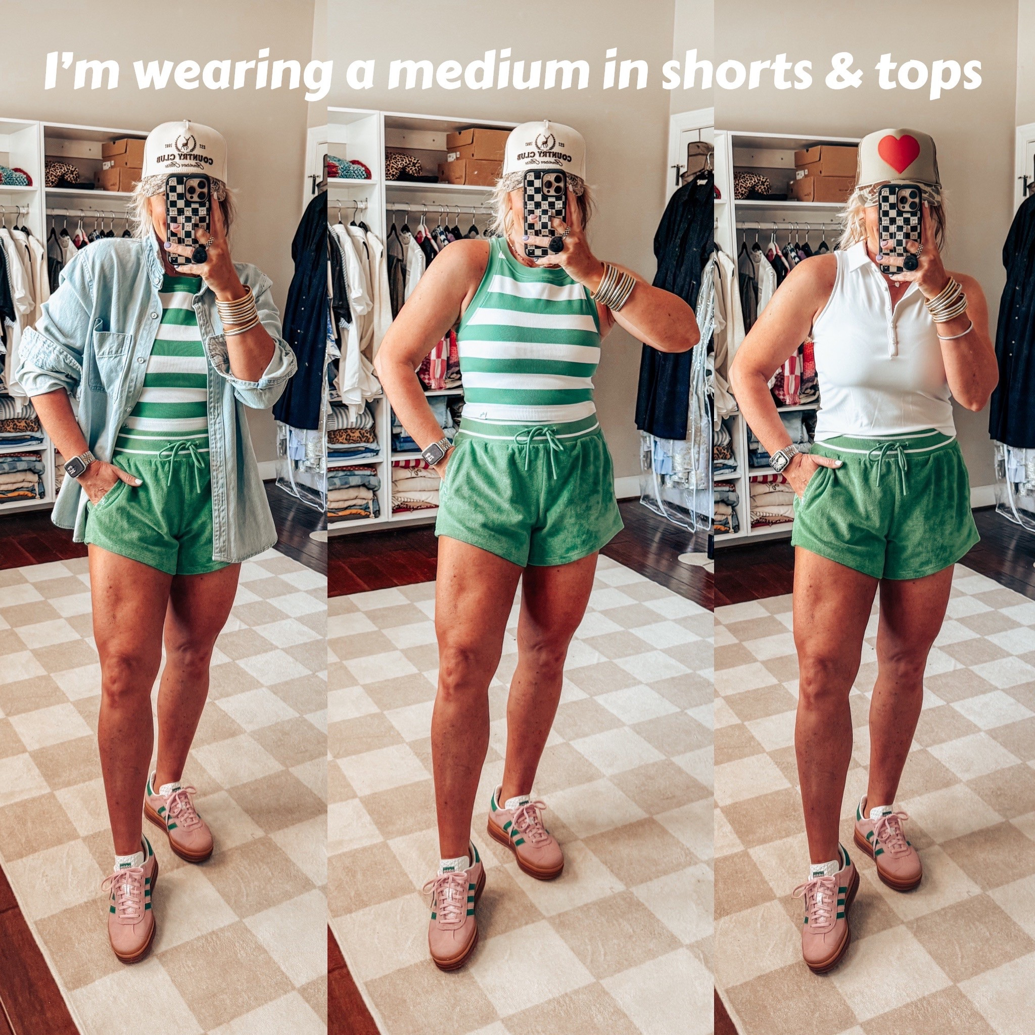 Im wearing a medium in everything. These shorts are a towel terry cloth material! Perfect for summer, beach, & vacations. This tank goes perfectly with it and the polo style one looks cute too! I size down in adidas gazelles. 


#LTKFindsUnder50 #LTKStyleTip #LTKOver40